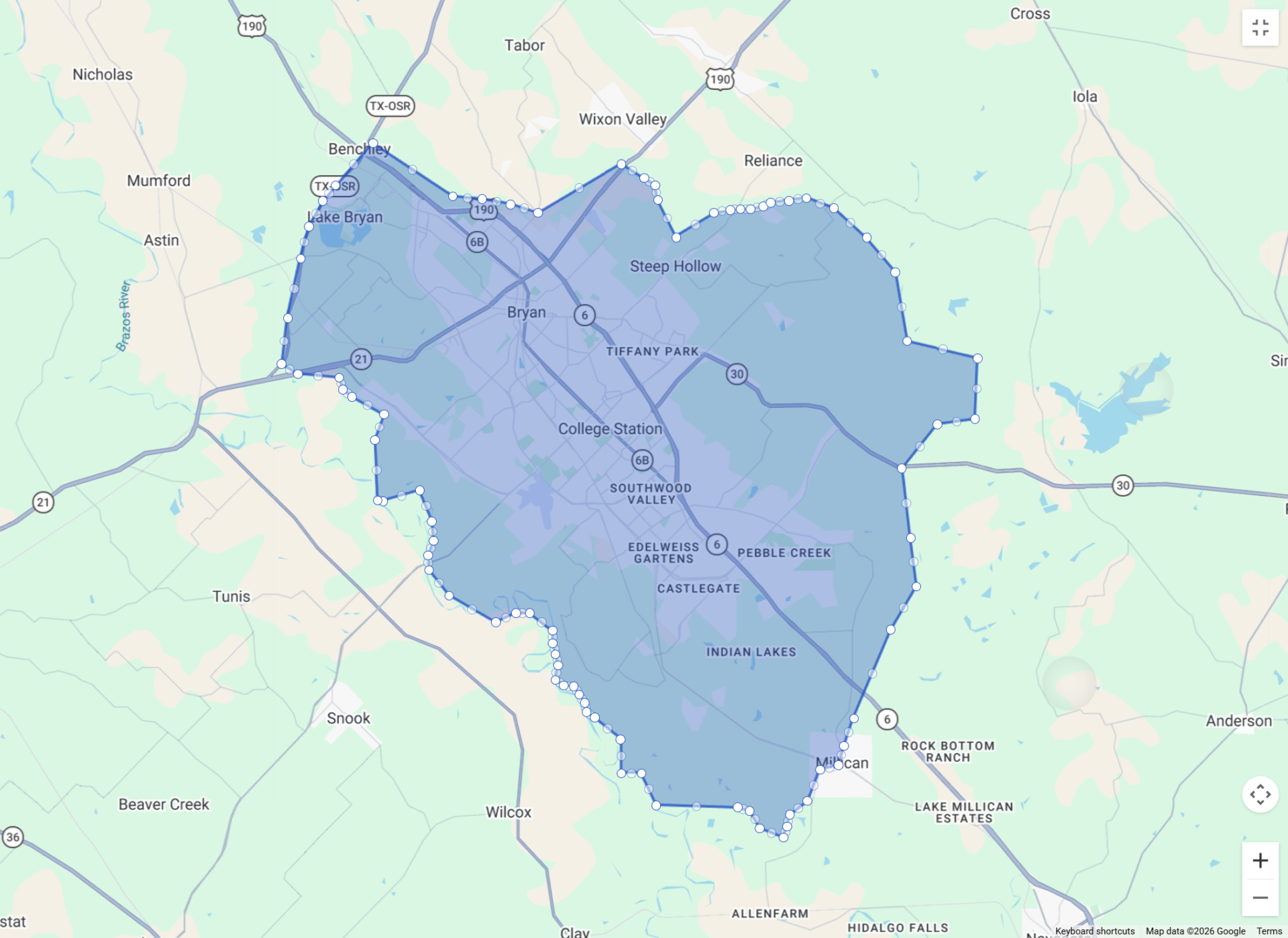 Green map of Manny's Service area circle in blue